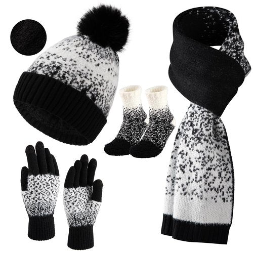 Bodvera Womens Winter Beanie Hat Scarf Gloves Fuzzy Socks 4 In 1 Set Thermal Fleece Knitted Hat Warm Long Scarf Cold Weather