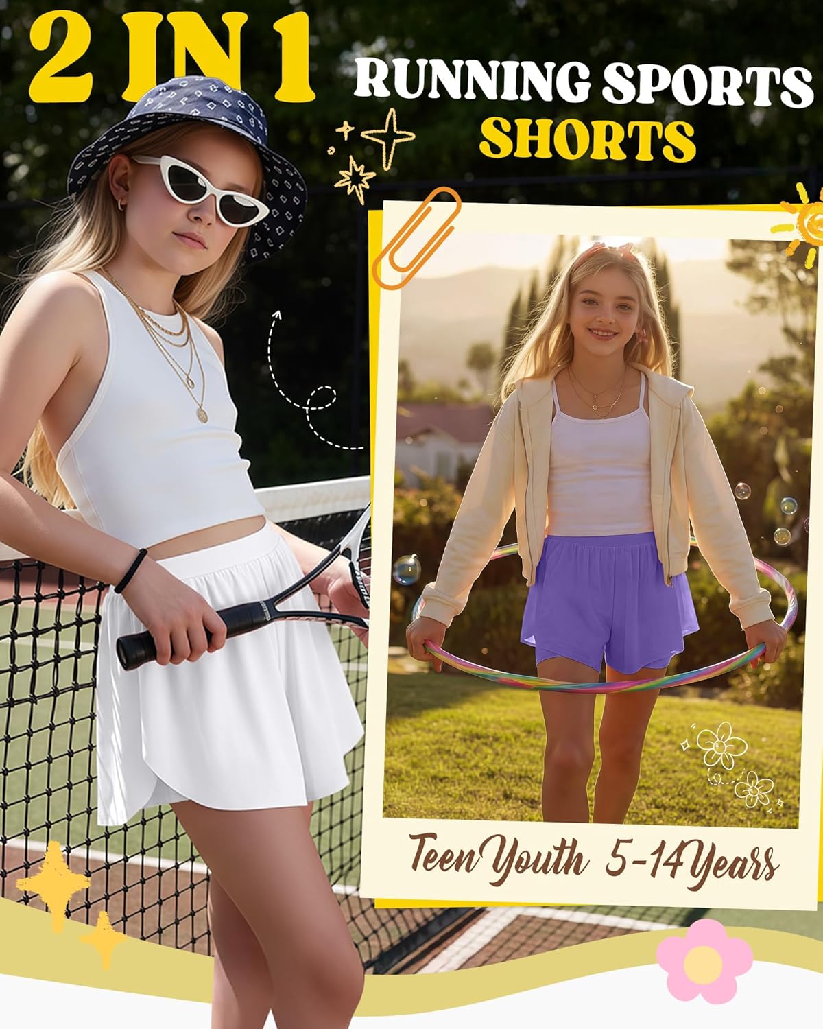 Skiennix Girls' Athletic Shorts - 2-in-1 Flowy Butterfly Skirts | Quick Dry High Waist with Pockets - 4 Pack