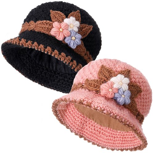 Chicingyou 2 Pack French Thicken Women's Flower Knitted Woolen Hat Winter Warm Windproof Crochet Bucket Beanie for Women Pink and Black