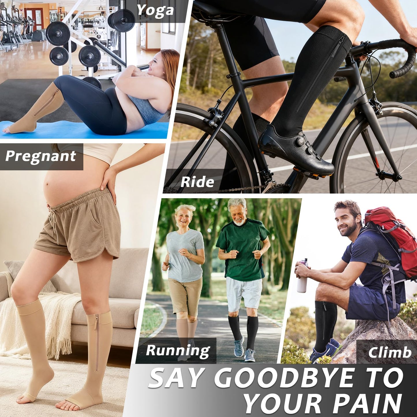 Ailaka Zipper Compression Socks for Women Men, 20-30 mmHg Open Toe Compression Socks Knee High, Ted Hose Compression Stockings for Edema, Varicose Veins(Beige,XL)