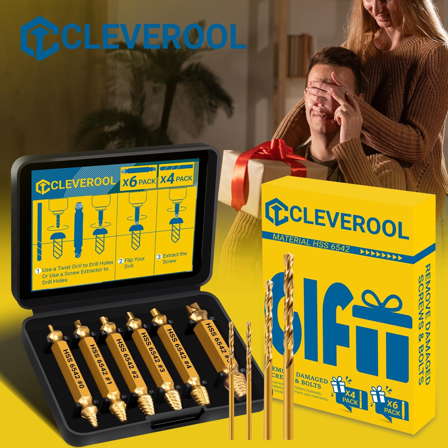 CLEVEROOL 10 PCS Damaged Screw Extractor Set, 6 PCS HSS 6542 Screw Extractor Remover Kit and 4 PCS Twist Drill Bit Kit for Stripped Screws & Drill Bit Tools, Gifts for Men