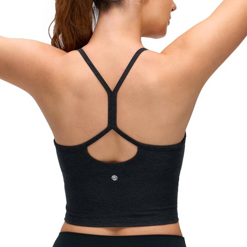 CRZ YOGA Cut-Out Y Back Crop Tank Tops for Women - Scoop Neck Spaghetti Strap Racerback Yoga Longline Sports Bra Non Padded Black Small
