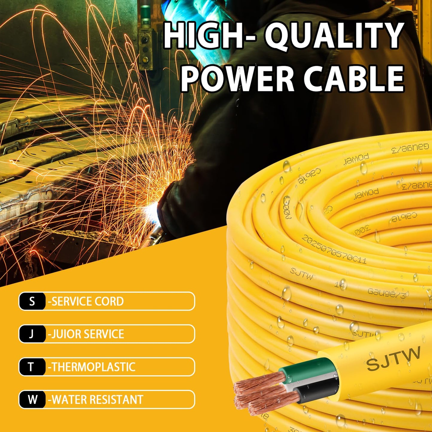 10/3 SJTW Yellow Wire 50 Feet - 10 AWG 3 Conductor SJTW Cable with UV-Resistant Jacket for Motor Leads, Battery Chargers and Machine - 50 ft Electrical Wire