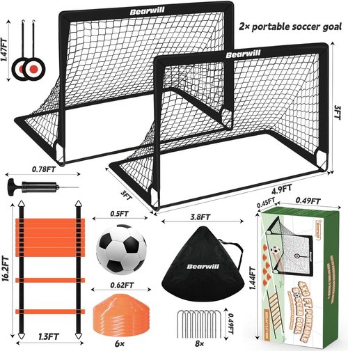 Bearwill Soccer Goal - Portable 4x3ft Kids Soccer Net Set with Training Equipment & Accessories