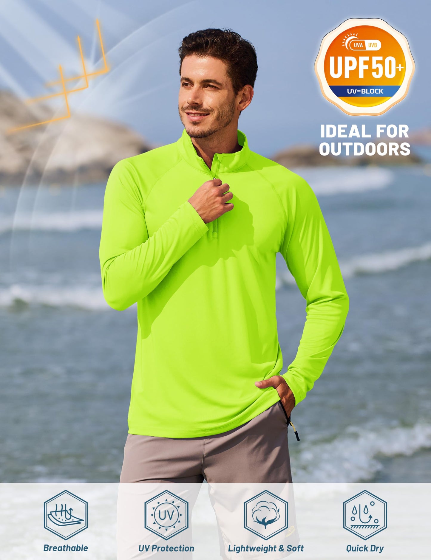 TACVASEN Men Long Sleeve Swim Shirts Sun Protection Quick Dry 1/4 Zip Pullover Running Workout Shirts Fluorescent Green M