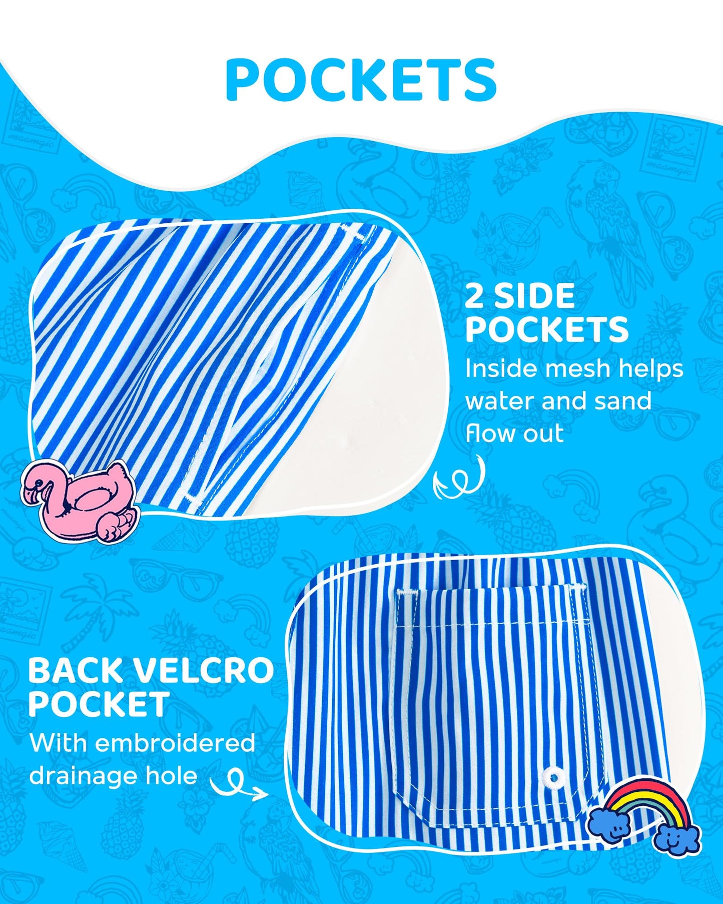 maamgic Boys Swim Trunks with Compression Liner 4-Way Stretch Quick Dry Bathing Suit Toddler Beach Shorts Blue White Stripes 7 Years