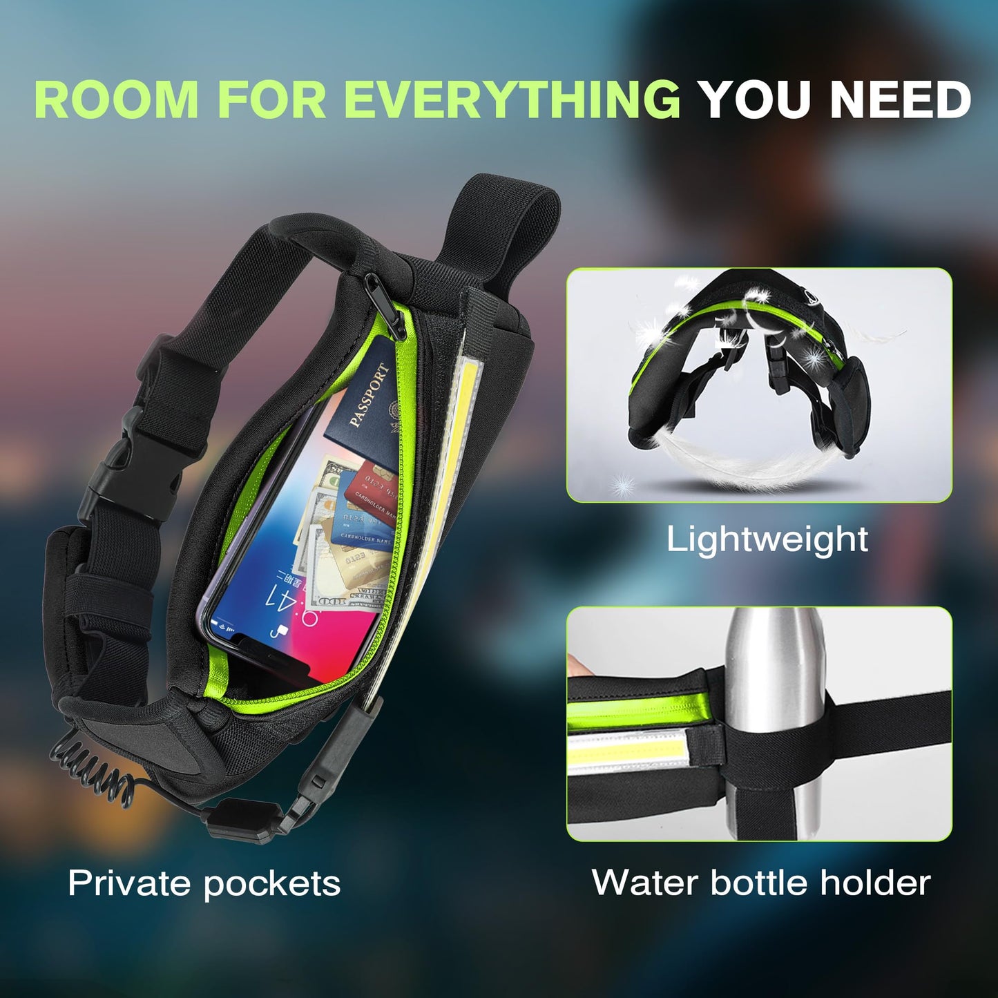 EGUKU Running Light, 1000Lumens Running Belt Running Gear with 230°Rechargeable Night Running Light for Phone Waist Bag Light with Water Bottle Holder Slim Running Belt for Runners Jogging Walking