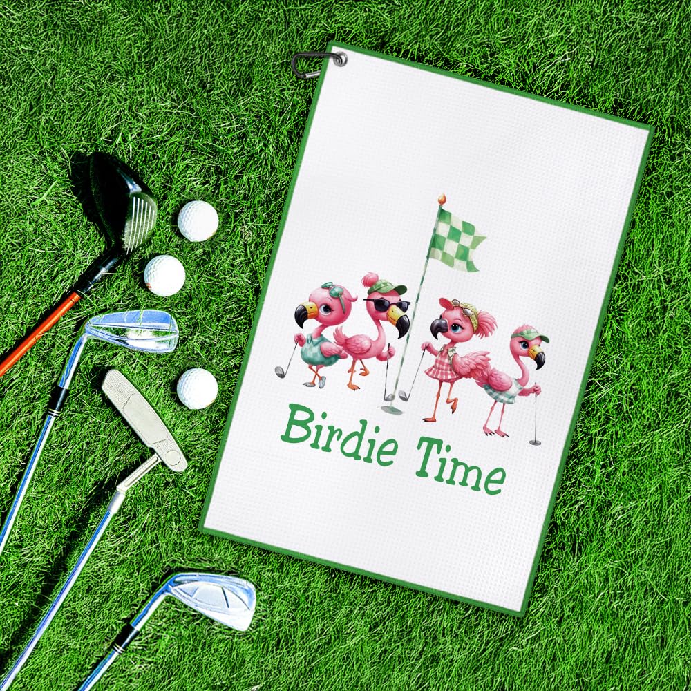 DYJYBMY Birdie Time Funny Printed Golf Towel with Clip, Novelty Golf Towels, Cute Birdie Golfer Gifts for Mom Women Aunt Flamingo Lover Golf Lover Golf Club