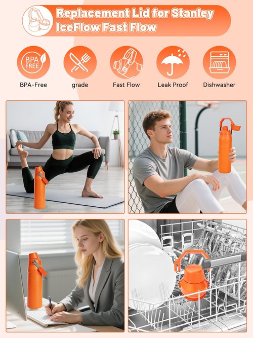 Lid Replacement for Stanley IceFlow Fast Flow Bottle, Top Cover for Stanley IceFlow Fast Flow 16oz 24oz 36oz 50oz, Leakproof Lid with Cap Holder for Travel & Sports, Dishwasher Safe BPA-Free,Orange