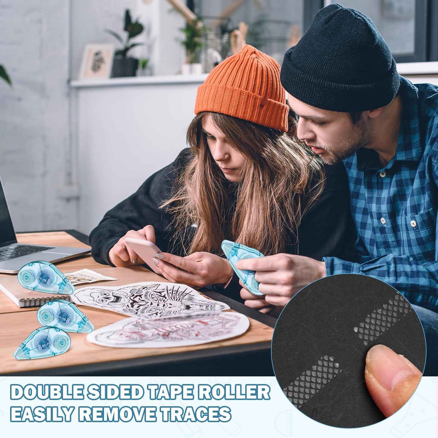 AmazingSpark 50 Pack Double Sided Tape Bulk, Glue Tape Roller 0.3 Inch × 26.25 ft Adhesive Dot Roller Applicators for Journaling Scrapbook Supplies Crafts Gift Wrapping(Bule)