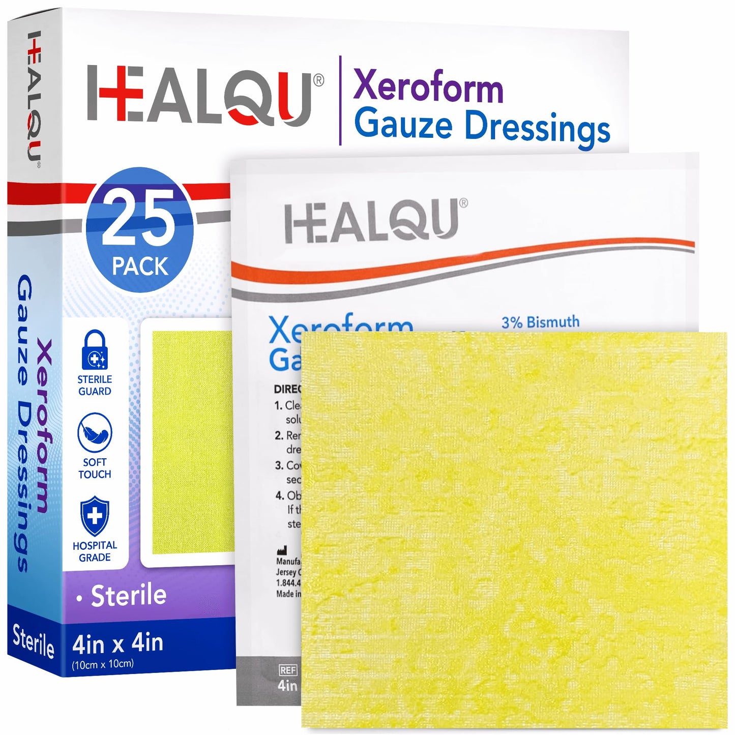 HEALQU Medical Xeroform Petrolatum Dressing 4x4-25-Count - Non-Adherent Gauze Pad for Low Exudating Wounds - Fine Mesh Gauze Patch Sterile for Wound Care Lacerations, Burns & Skin Grafts