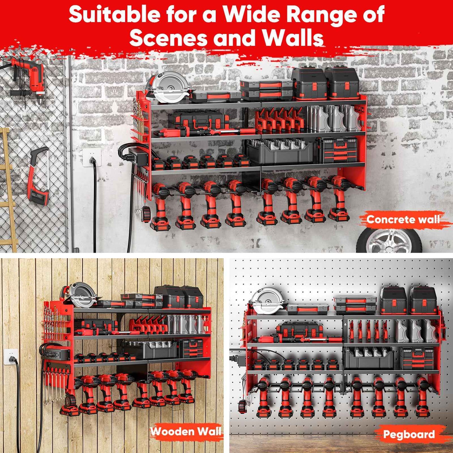 POKIPO Large Power Tool Organizer Wall Mount with Charging Station,4 Layer Heavy Duty Metal Tool Storage Shelf Loads 600lbs,Battery Utility Rack With 4 Outlet Power Strip with 8 Cordless Drill Holder