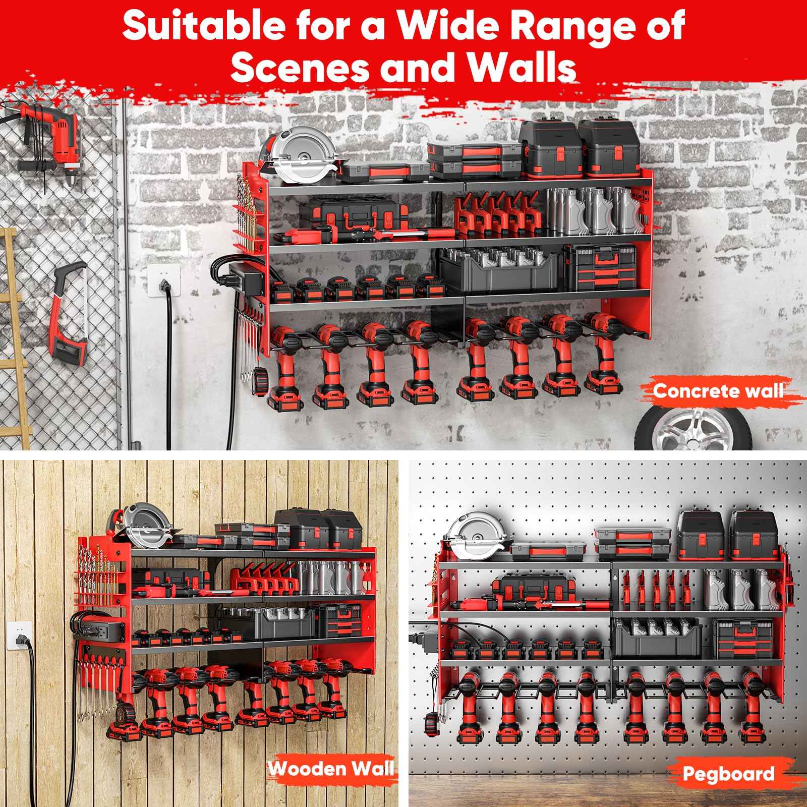 POKIPO Large Power Tool Organizer Wall Mount with Charging Station,4 Layer Heavy Duty Metal Tool Storage Shelf Loads 600lbs,Battery Utility Rack With 4 Outlet Power Strip with 8 Cordless Drill Holder