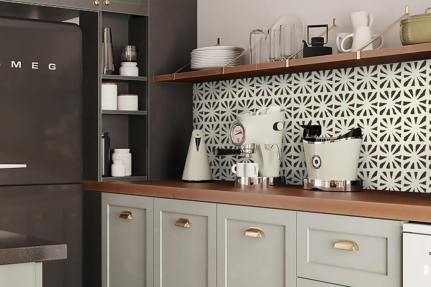 Fiula Peel and Stick Wallpaper Geometric Boho Contact Paper Black 78.7 "x17.3 Beige Self-Adhesive Wallpaper Vintage for Bedroom Waterproof Removable Shelf Liner Decal Vinyl Roll