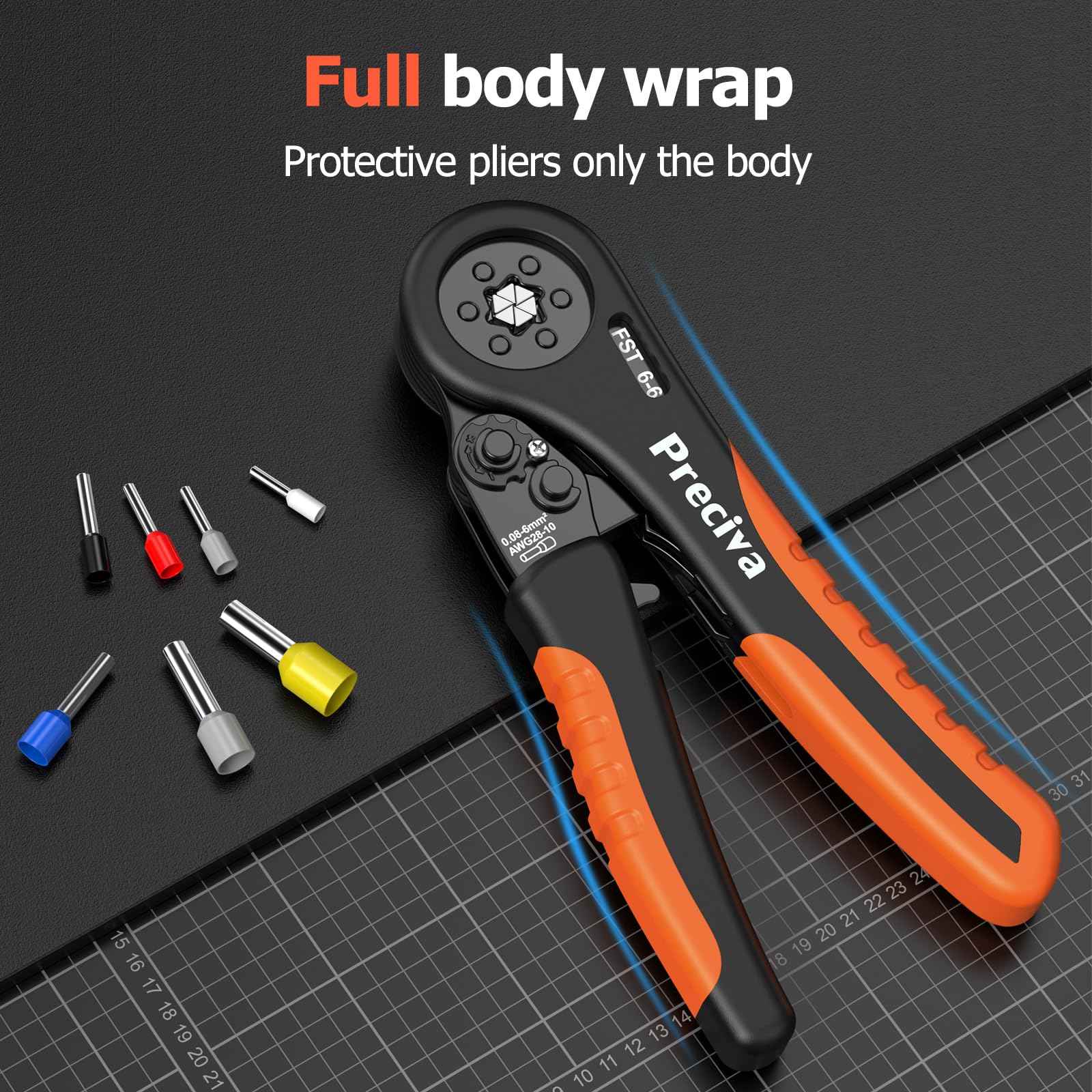 Preciva Hexagonal Ferrule Crimping Tool, AWG 28-7(0.08-10mm²) Crimper Plier Adjustable Ratcheting Wire Crimping Tool