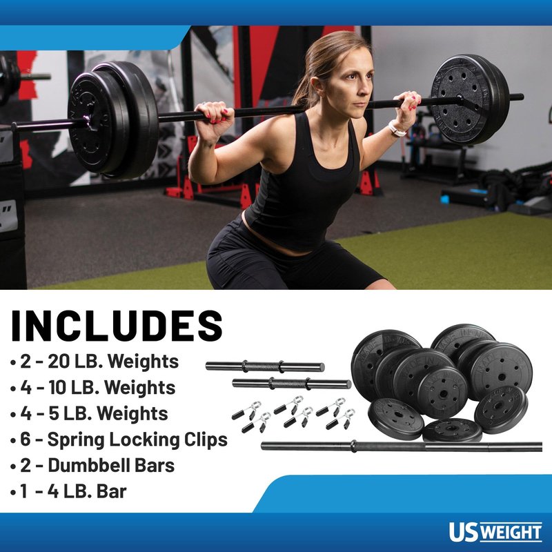 US Weight 105 Pound Barbell Weight Set for Home Gym| Adjustable Weight Set with Two Dumbbell Bars and Full 6 Ft Bar, Black