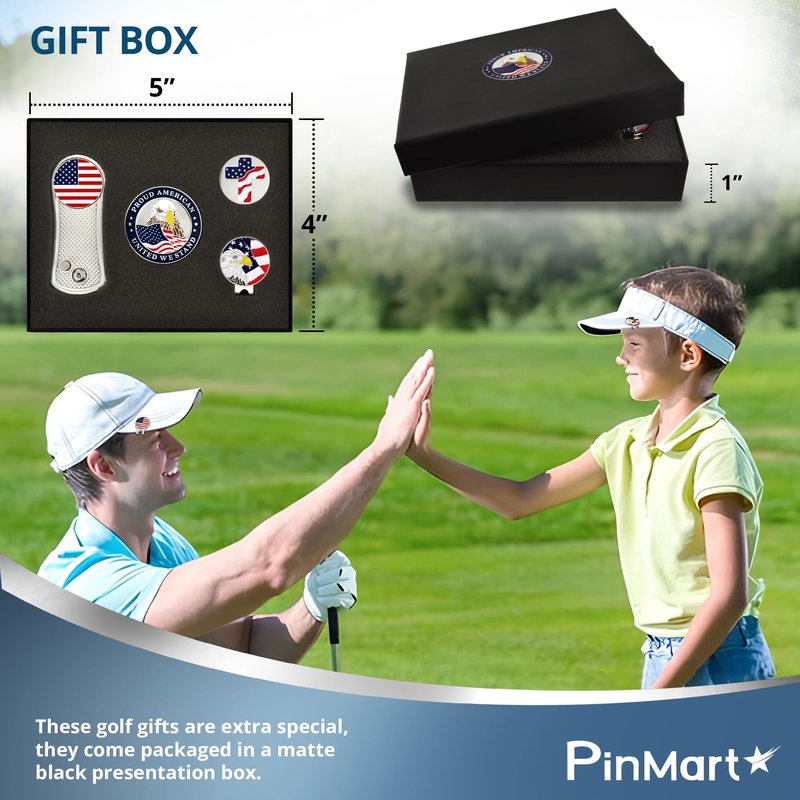 PinMart's Thin Blue Line Flag Golf Essentials Gift Set, Golf Divot Tool, Hat Clip, Magnetic Ball Markers, Large Ball Marker with Presentation Box - Gifts and Accessories for Men and Women