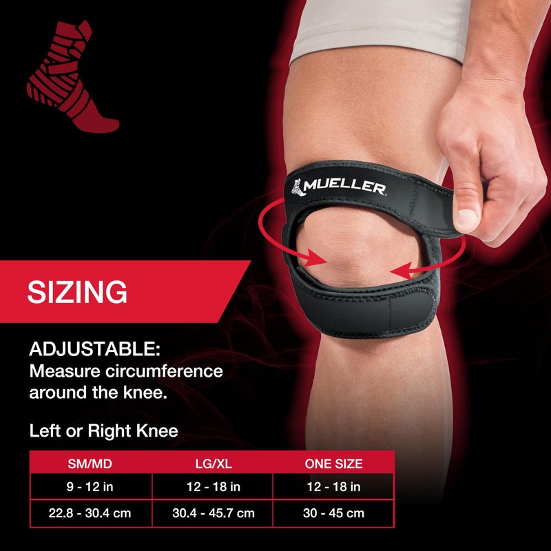 MUELLER Sports Medicine Adjustable Max Knee Single Strap, Knee Pain Relief Support for Men and Women, Ideal for Osgood-Schlatter's, Runner's Knee, Patellar Tendinitis, Black, Large/X-Large