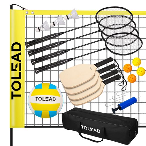 TOLEAD All-in-One Pickleball & Badminton Net Set, Portable Volleyball Net Set (17ft Wide x 3-5ft Height) for Backyard,Outdoor Sports Game Set w/Volleyball Pickleball Paddles & Badminton Rackets