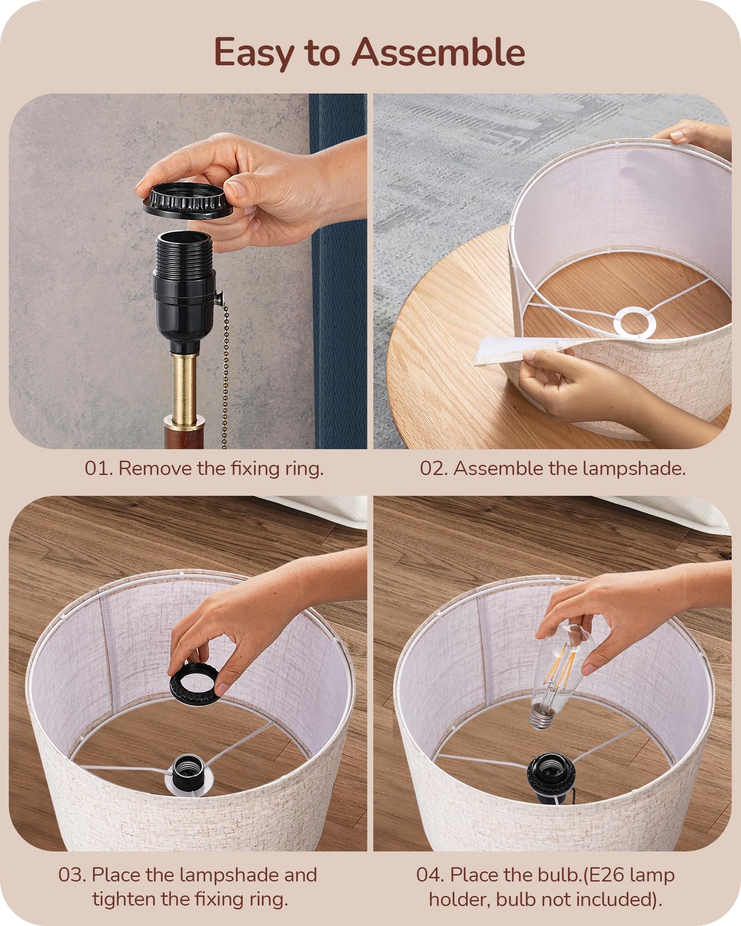 EDISHINE Mid Century Table Lamp Set of 2, Pull Chain Switch Bedside Lamp, Linen Shade, Solid Wood Pole & Bronze Brushed Metal Base, Modern Nightstand Lamp for Bedroom, Living Room, Office, E26 Base