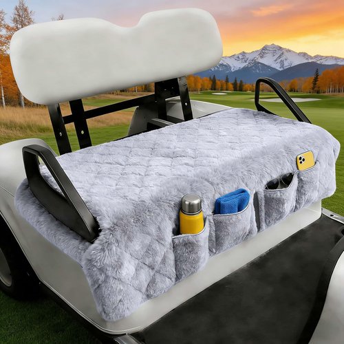 WUKO HUNT Golf Cart Seat Covers - Faux Fur Seat Blanket, with 4 Pockets, Non-Slip, Soft & Comfortable, Fit EZGO, Yamaha, Club Car and Other 2-Seat Golf Carts, All-Season, 51"x 33", Quilted Light Gray