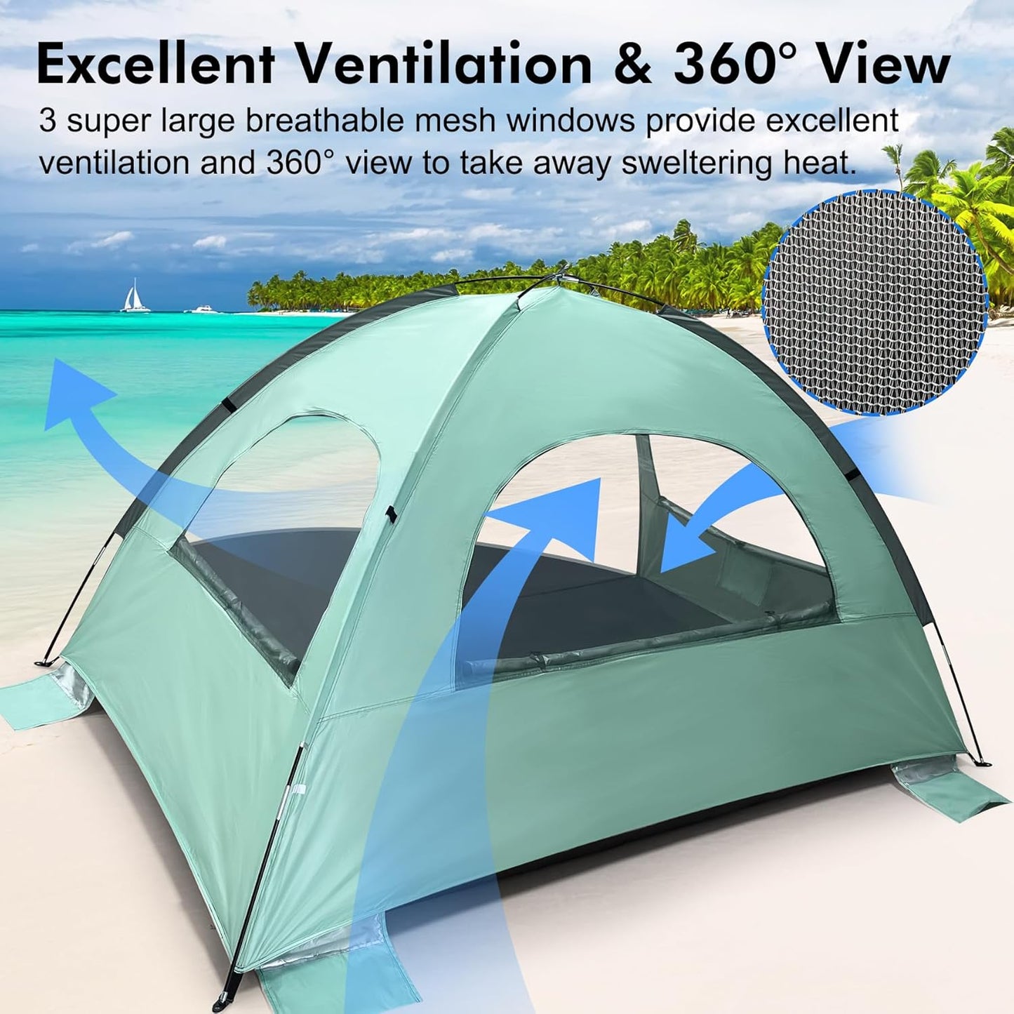 WhiteFang Beach Tent - Anti-UV Portable Sun Shade Shelter for 3-8 People | Extendable Floor & Ventilating Mesh Windows