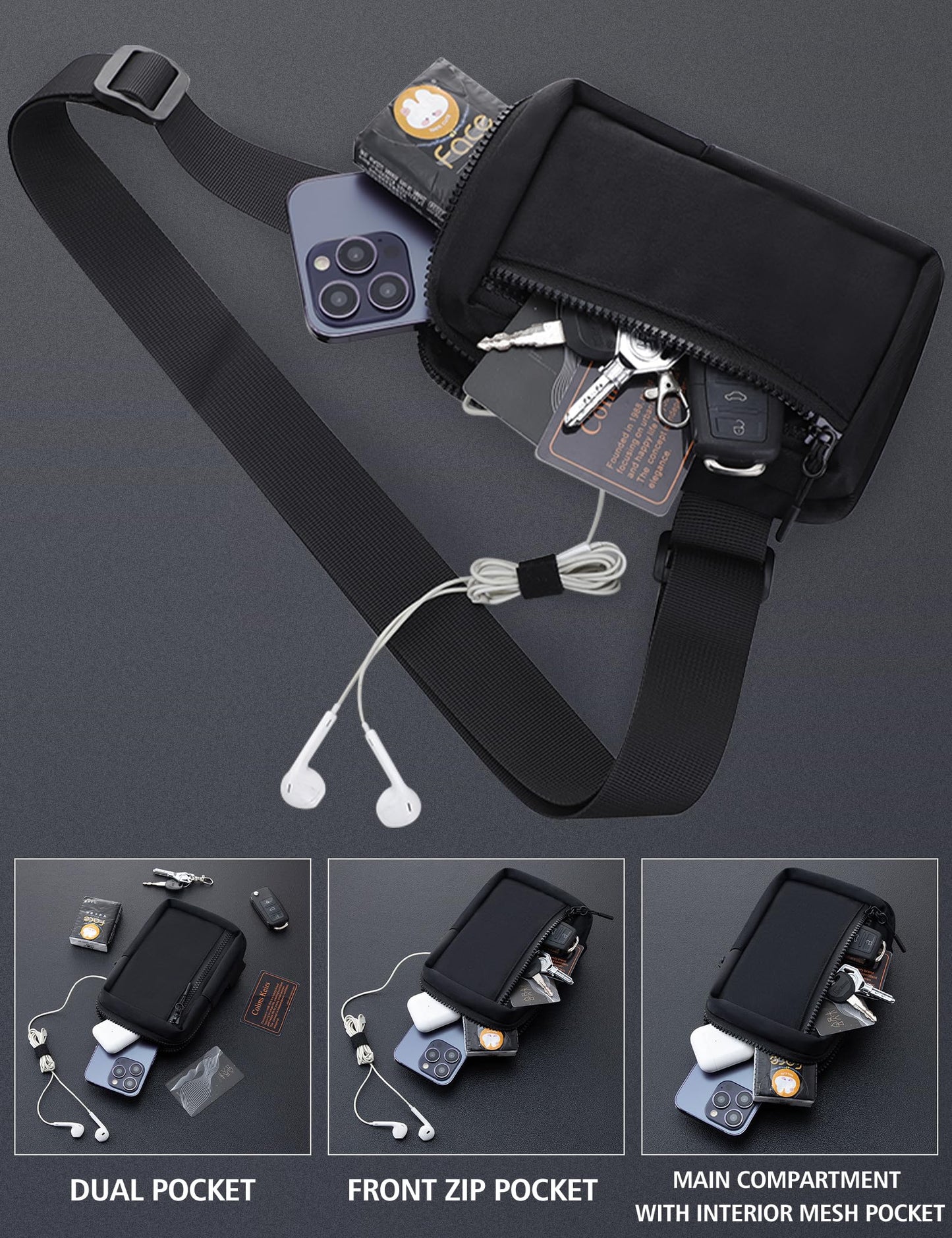 Peicees Mini Sling Bag for Men Women Crossbody Bag Travel Running Phone Daypack Shoulder Bags, Black