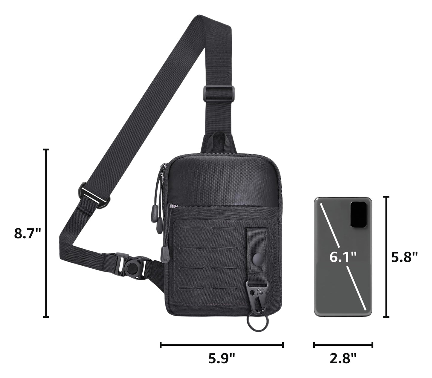 MOZETO Small Cross Body Bag, Mens Tactical Mini Sling YKK Zipper MOLLE Chest Bag Phone Holder Utility Chest Side Pack with 270° Buckle & Keychain