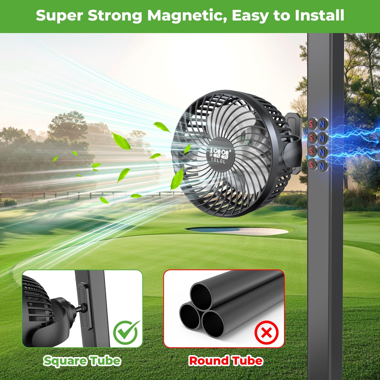 10L0L Magnetic Golf Cart Fan Rechargeable 10000mAh Battery Powered Fan with Light, Magnetic Base,3 Speeds/56 Hrs Runtime/360°Rotatable, Universal for EZGO Club Car Yamaha Summer Golf Cart Accessories
