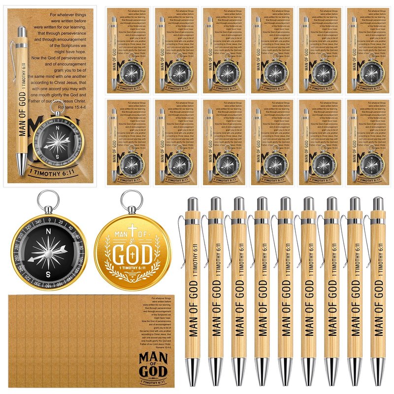 Sayglossy 20 Sets Man of God Gift Bulk, Christian Gifts for First Communion, Baptism, Religious Compass, Ballpoint Pens, Bible Verse Card with Opp Bag for Fathers Day, Pastor Men, Church