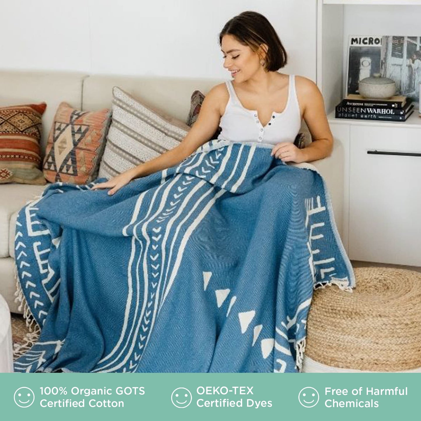 Sand Cloud Oversized Throw Blanket - 100% Organic Turkish Cotton & Heavy Weight Jacquard Weave - Soft, Comfy & Cozy Large Beach Blanket for Comfort & Style - 85" x 95" - Illusions Party