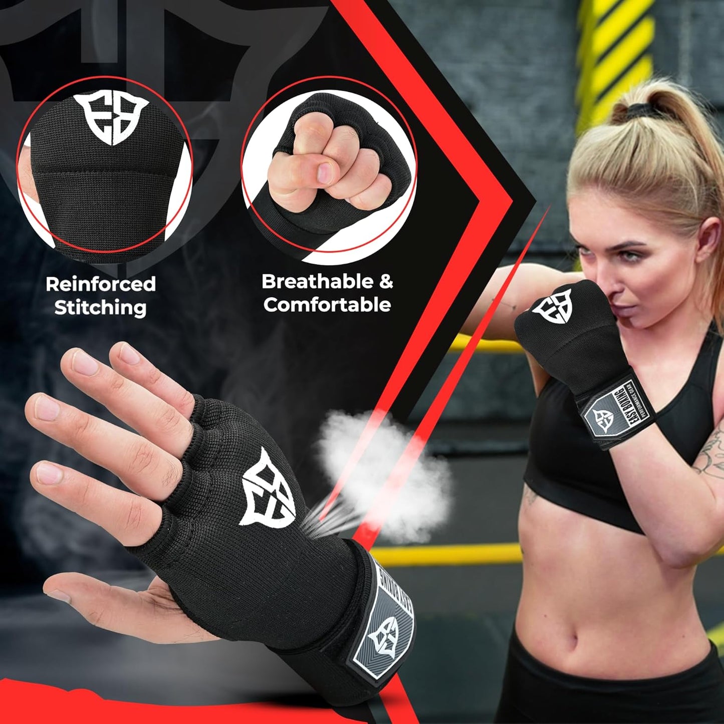 Skiennix Inner Gel Gloves - Breathable Wrist Wraps with Hook and Loop Closure for Boxing & MMA | Black, 75cm