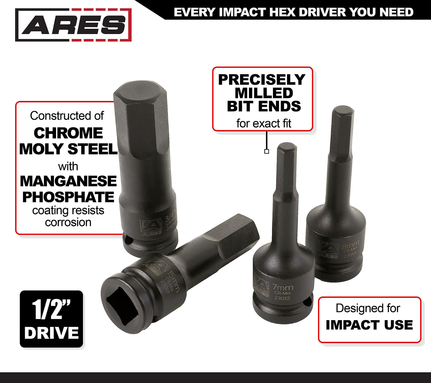 ARES 23000-20-Piece 1/2-Inch Drive Master Impact Hex Driver Set - Chrome Moly Steel Construction and Manganese Phosphate Coating - Storage Case Included - Designed for Impact Use