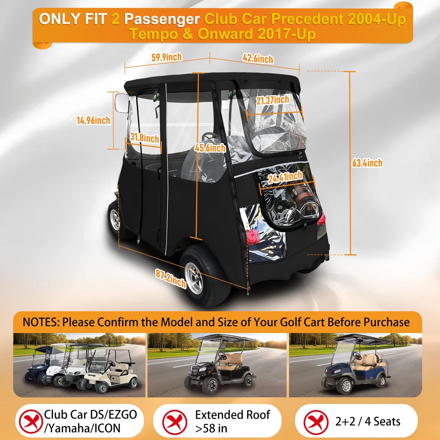 Golf Cart Deluxe Driving Enclosure 2-Passenger for Club Car Precedent 2004-Up, Tempo & Onward 2017-Up Cart | Heavy Duty 600D Waterproof,Windproof Cover with 4-Sided Clear Windows & Door Zipper