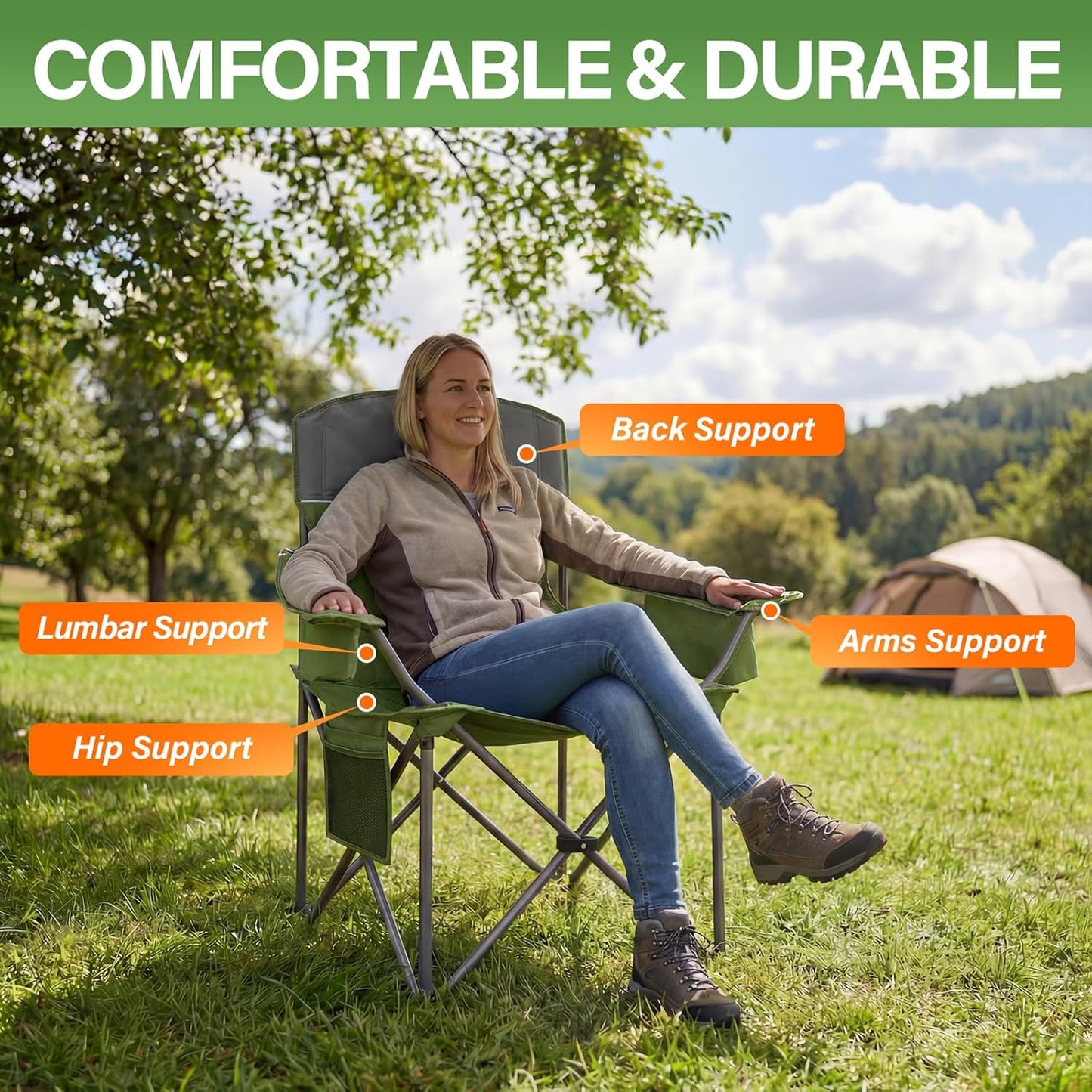 Skiennix Oversized Camping Chairs 2 Pack - Heavy Duty 400LBS Padded Lawn Chairs with Cooler Bag & Cup Holder | Olive Green