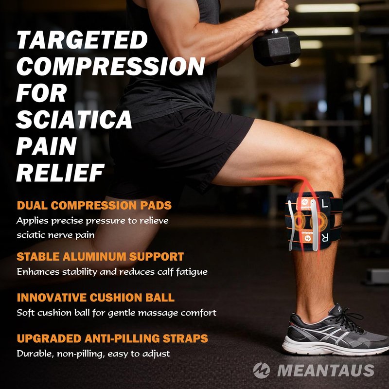 MEANTAUS Sciatica Pain Relief Devices Brace, Upgraded Adjustable Calf Support with Dual Pads & Massage Ball for Sciatic Nerve, Lower Back & Hip Pain Relief (Black)