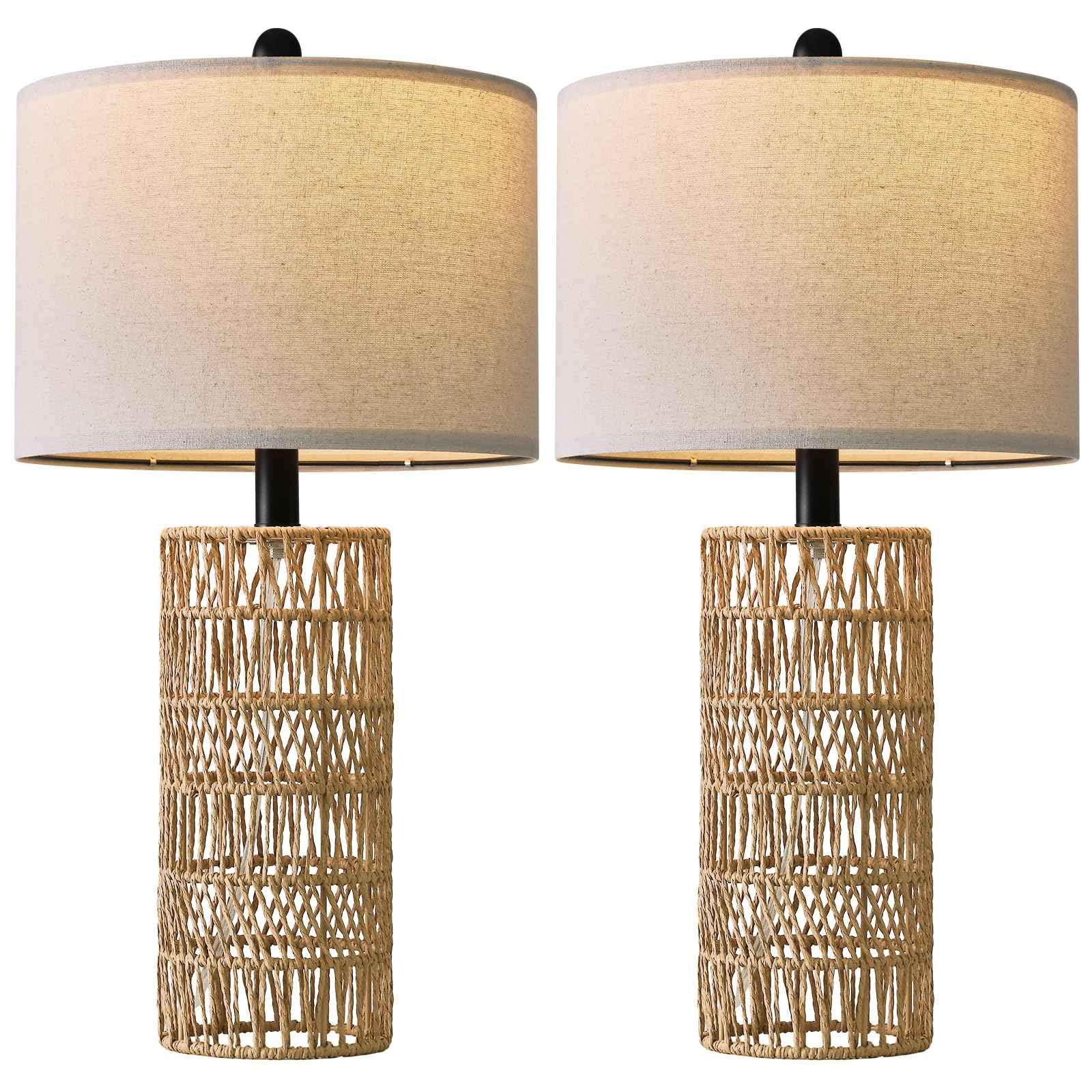 OYEARS 22.5" Boho Table Lamps Set of 2 for Living Room, Bedside Lamp for Nightstands, Rattan Lamp for Bedroom, Farmhouse Table Lamp for Room Decor, End Table, Retro, Brown（Not Include Bulbs）