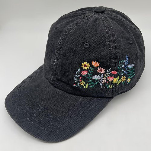 Cute Flower Hat, Elegant Floral Embroidered Adjustable Baseball Cap for Men Women, Gifts for Flower Lovers, Black