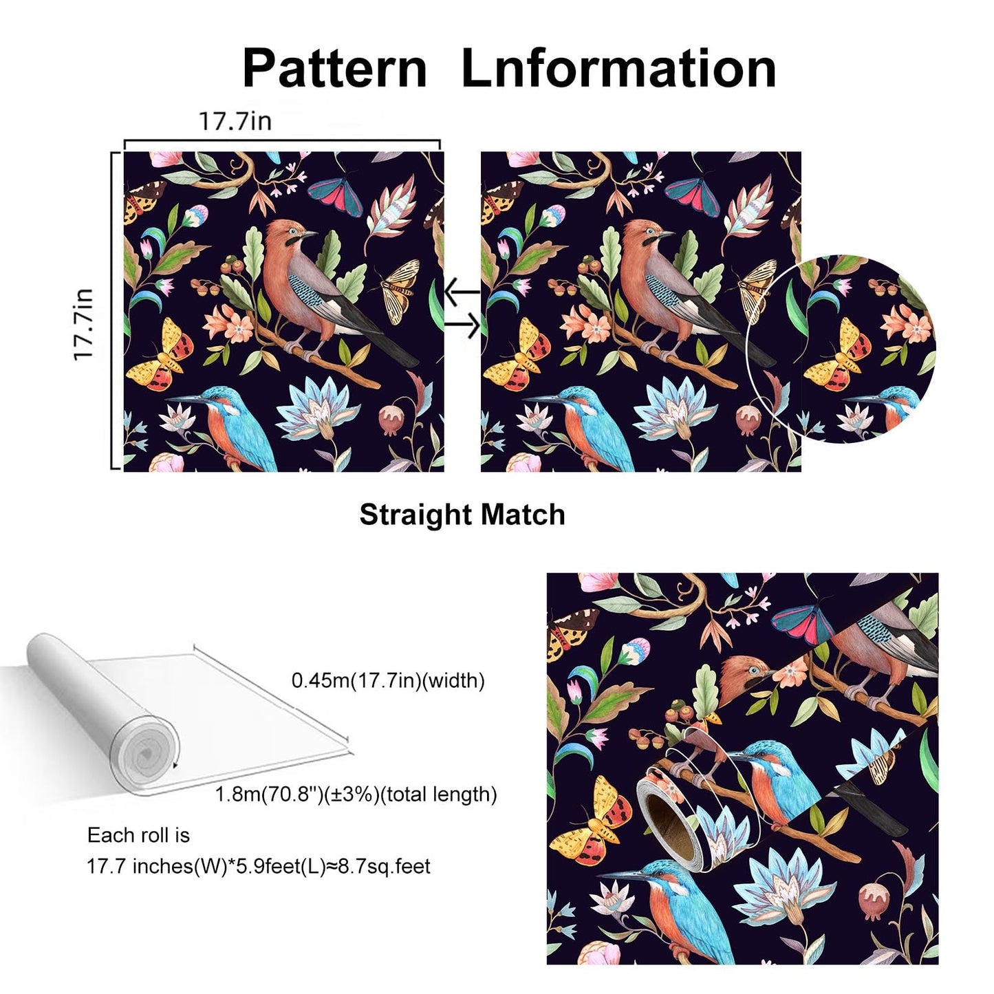 Wookmmy Vintage Black Floral Bird Peel and Stick Wallpaper Dark Botanical Design with Butterfly Removable Self Adhesive Vinyl Contact Paper for Cabinets Bathroom Wallpaper 17.7" x 70.8"