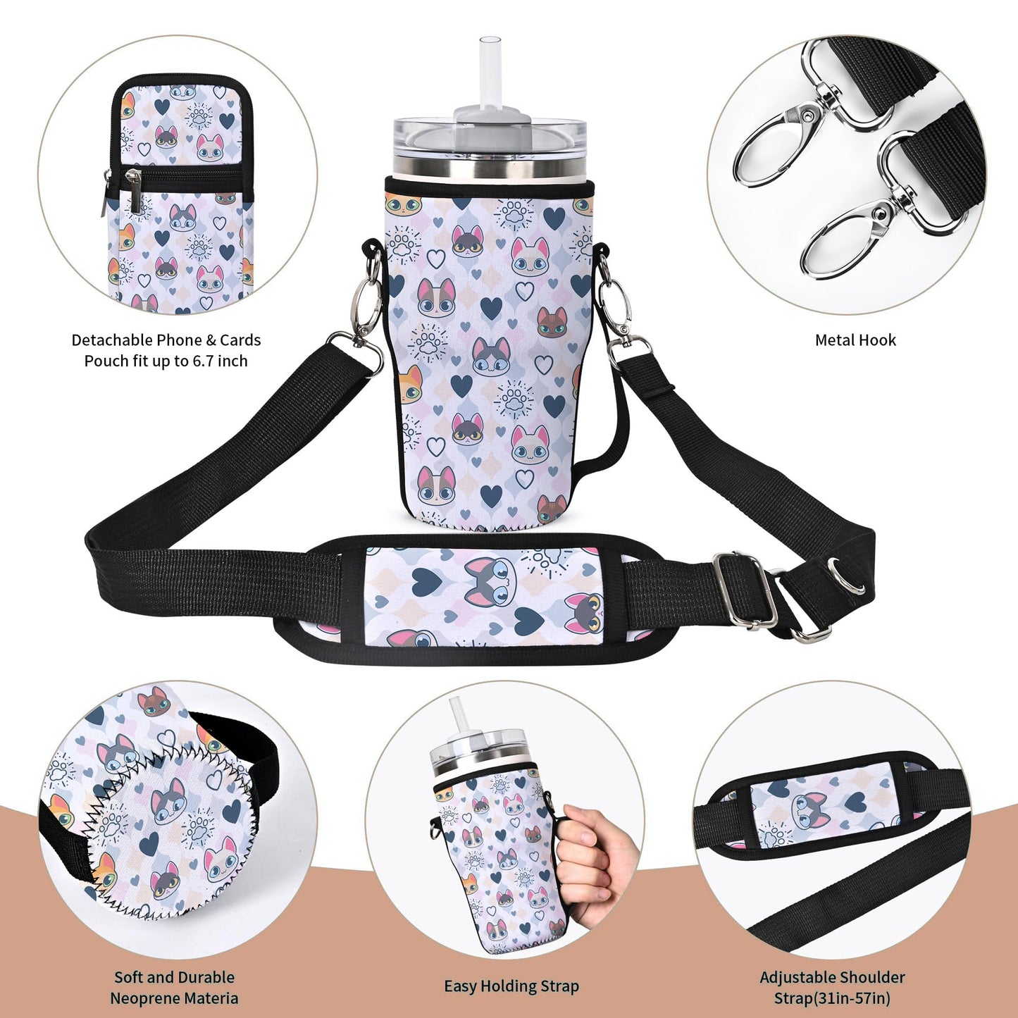 AUPET Water Bottle Holder Carrier Bag fit for 30/20 /14 oz Stanley Flowstate IceFlow Yeti Tumbler ,Cup Accessories Sleeve Sling with Phone Pouch & Strap (paisley flower, fit for Tumbler 20oz)