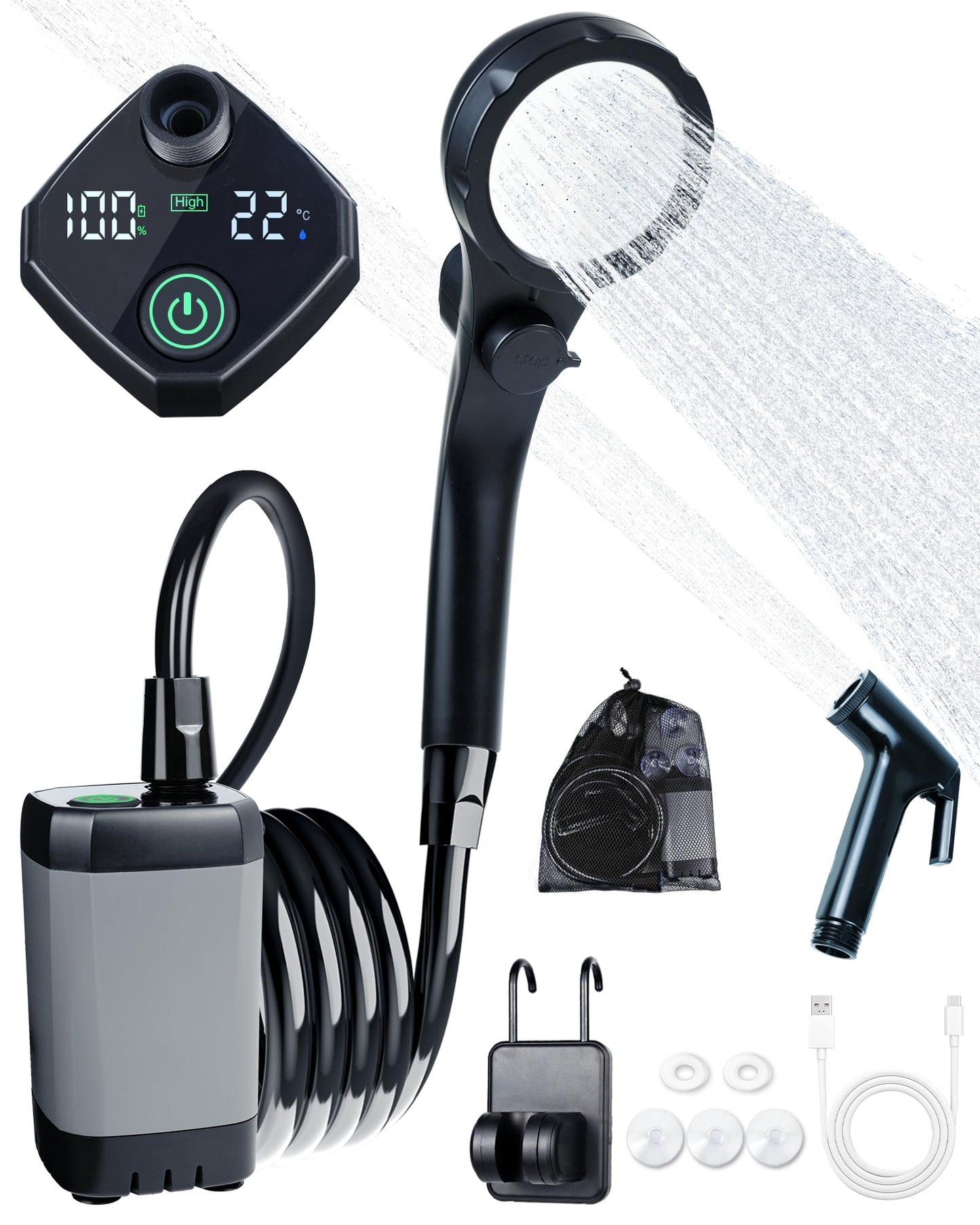 Beviliu Portable Shower for Camping, 6000mAh Rechargeable Camping Shower with Digital Power & Temperature Display, Portable Shower for Camping, Beach, Outdoor Travelling, Hiking, Pet Cleaning