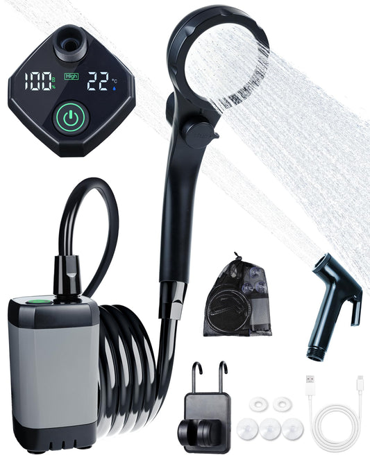 Beviliu Portable Shower for Camping, 6000mAh Rechargeable Camping Shower with Digital Power & Temperature Display, Portable Shower for Camping, Beach, Outdoor Travelling, Hiking, Pet Cleaning