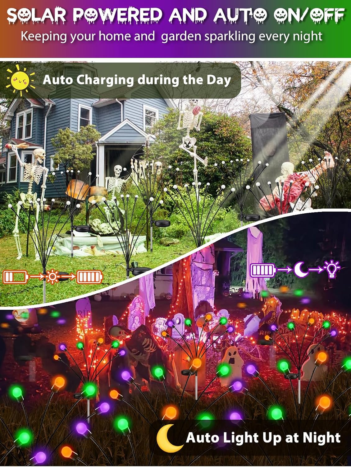 Solar Halloween Pathway Lights - 6 Pack Waterproof Firefly Decor in Orange, Purple & Green