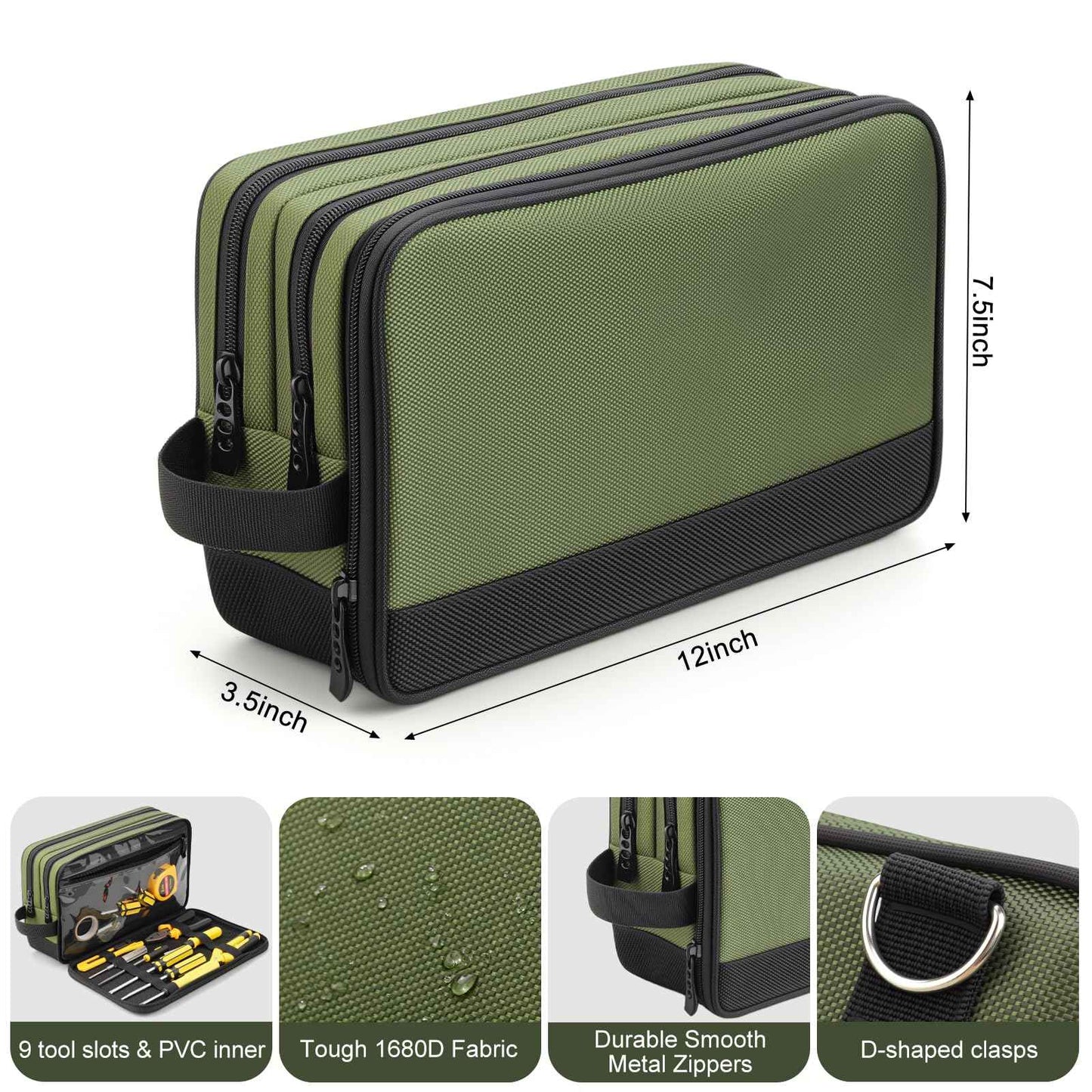 12-Inch Small Heavy Duty Tool Bag, 1680D Green Zippered Organizer with 3 Compartments & Multi-Pockets for Electricians, Mechanics, DIY, Grill & Camping Tools Storage, EDC Gear Utility Pouch