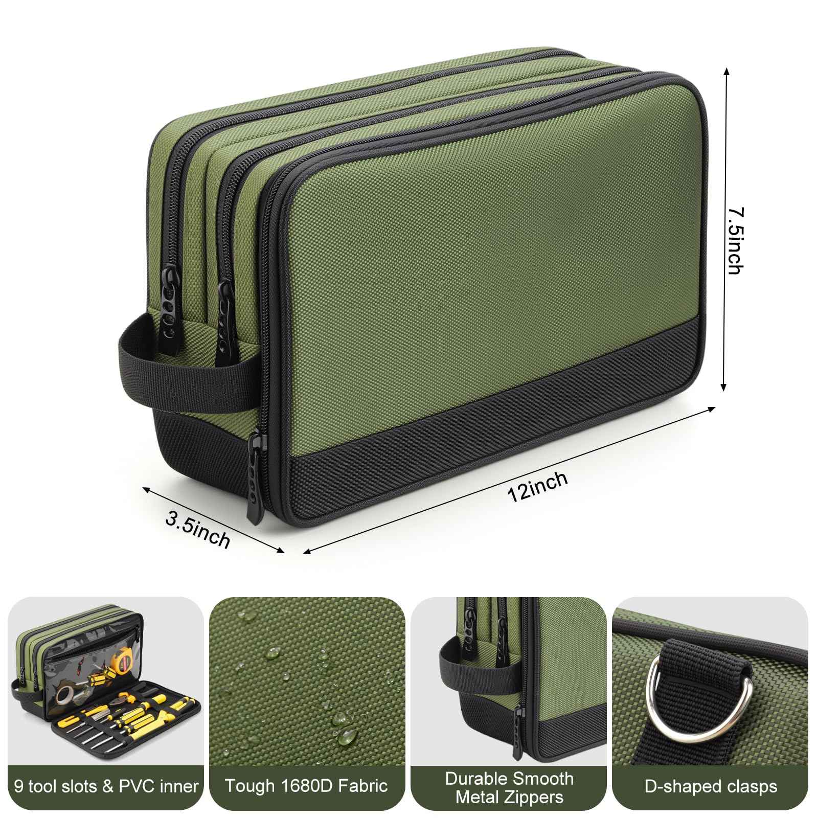12-Inch Small Heavy Duty Tool Bag, 1680D Green Zippered Organizer with 3 Compartments & Multi-Pockets for Electricians, Mechanics, DIY, Grill & Camping Tools Storage, EDC Gear Utility Pouch