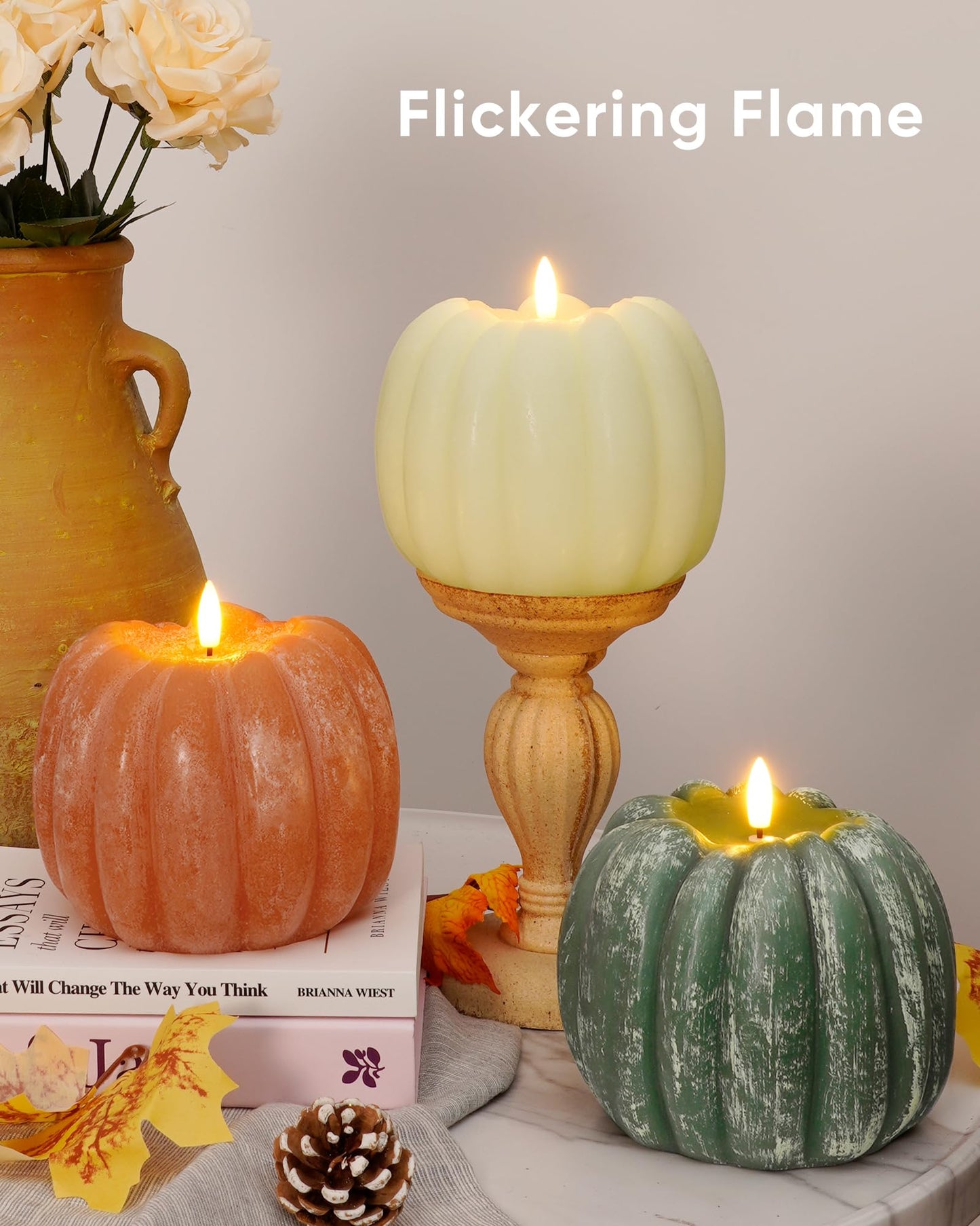 Homemory Fall Pumpkin Candles, Halloween Decorations for Home, Waxy Flameless Pumpkin Candle Flickering with Remote, Timer - Farmhouse Indoor Patio Porch Fall Decor