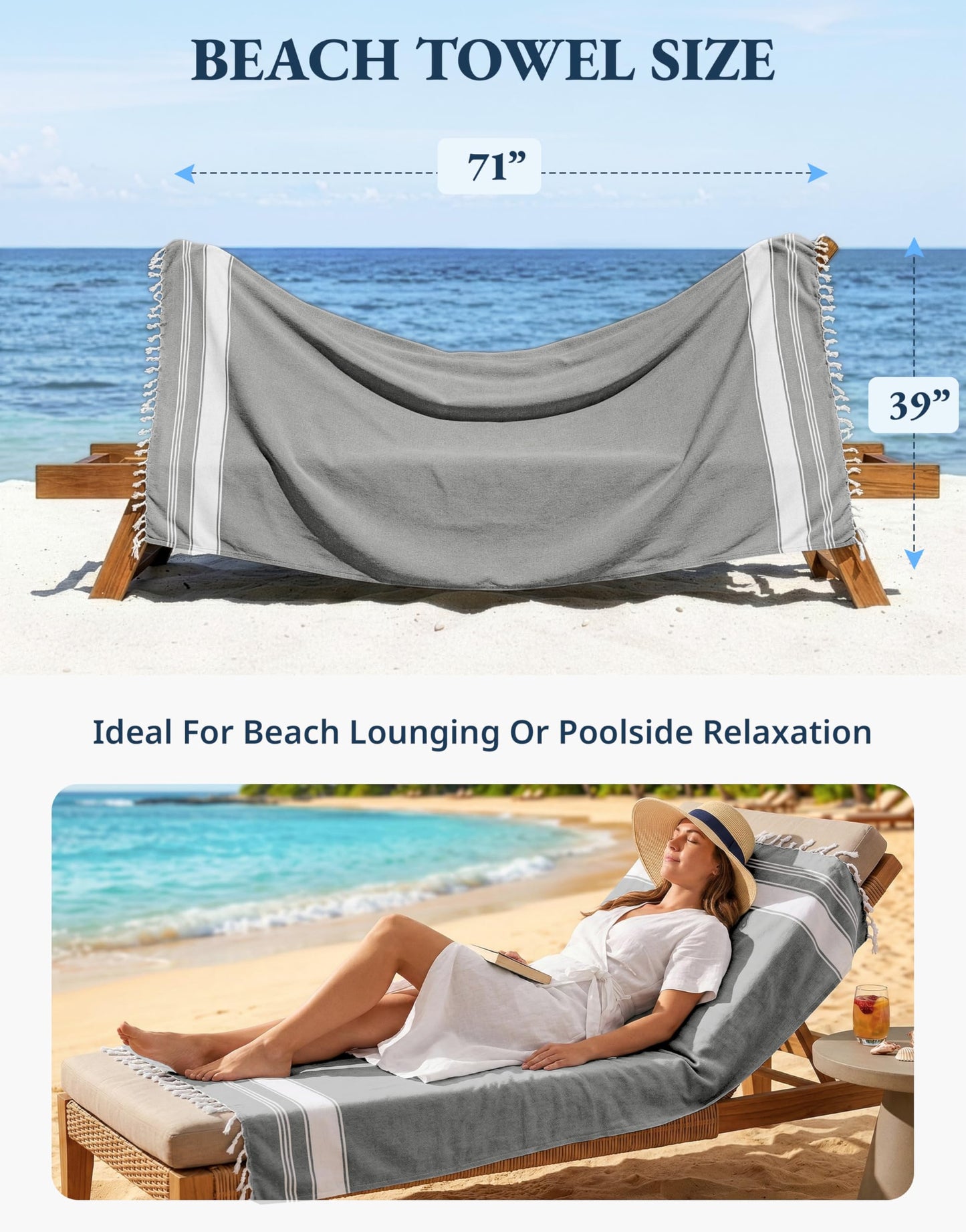 LANE LINEN Beach Towels 4 Pack Oversized - Turkish Towel Set, Pre-Washed Oversized Beach Towel, Quick Dry Beach Towels for Travel, Large Pool Towels, 39"x71" - Smoky Black