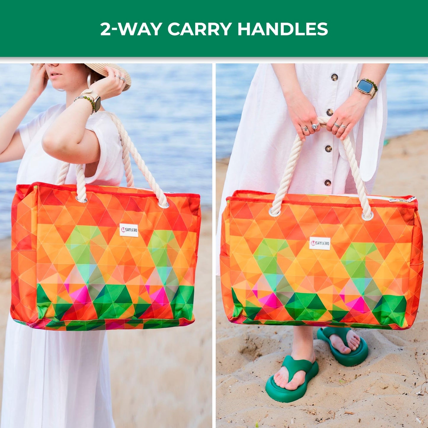 SHYLERO Beach Bag and Pool Bag Has Cooler Pocket, 7 Pockets Total, Zip Top. Family Size Waterproof Beach Tote