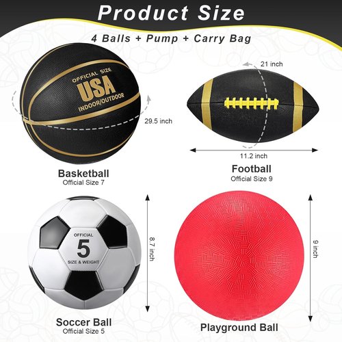 Lenwen Sports Balls Set - 4 Pcs Official Size Basketball, Soccer, Football & Pump | Perfect for Teens & Adults