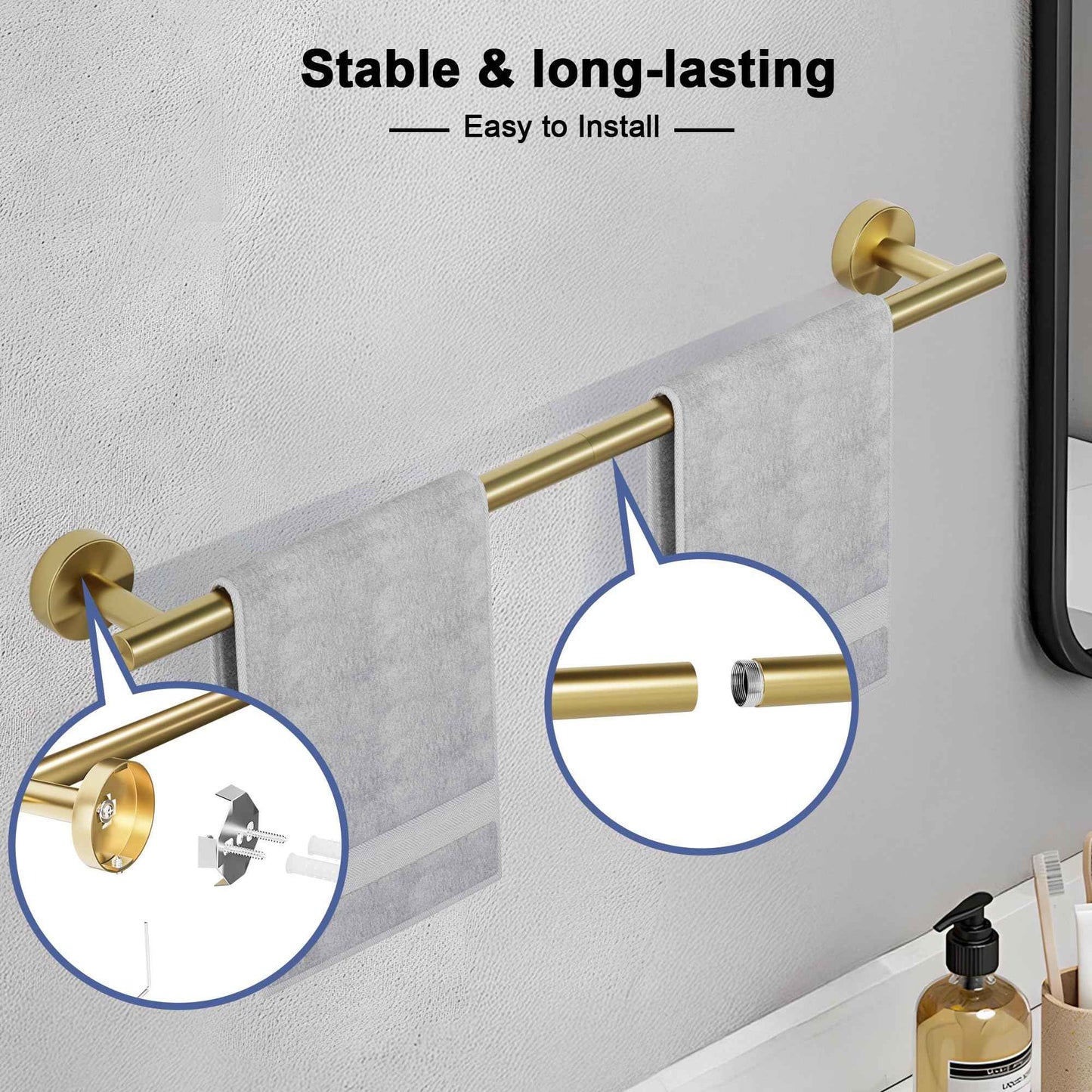 Brushed Gold Towel Bar, 18 Inch Towel Racks for Bathroom Wall Mounted, SUS304 Stainless Steel Bathroom Towel Holder, Total Length 20.4 Inch Towel Bars